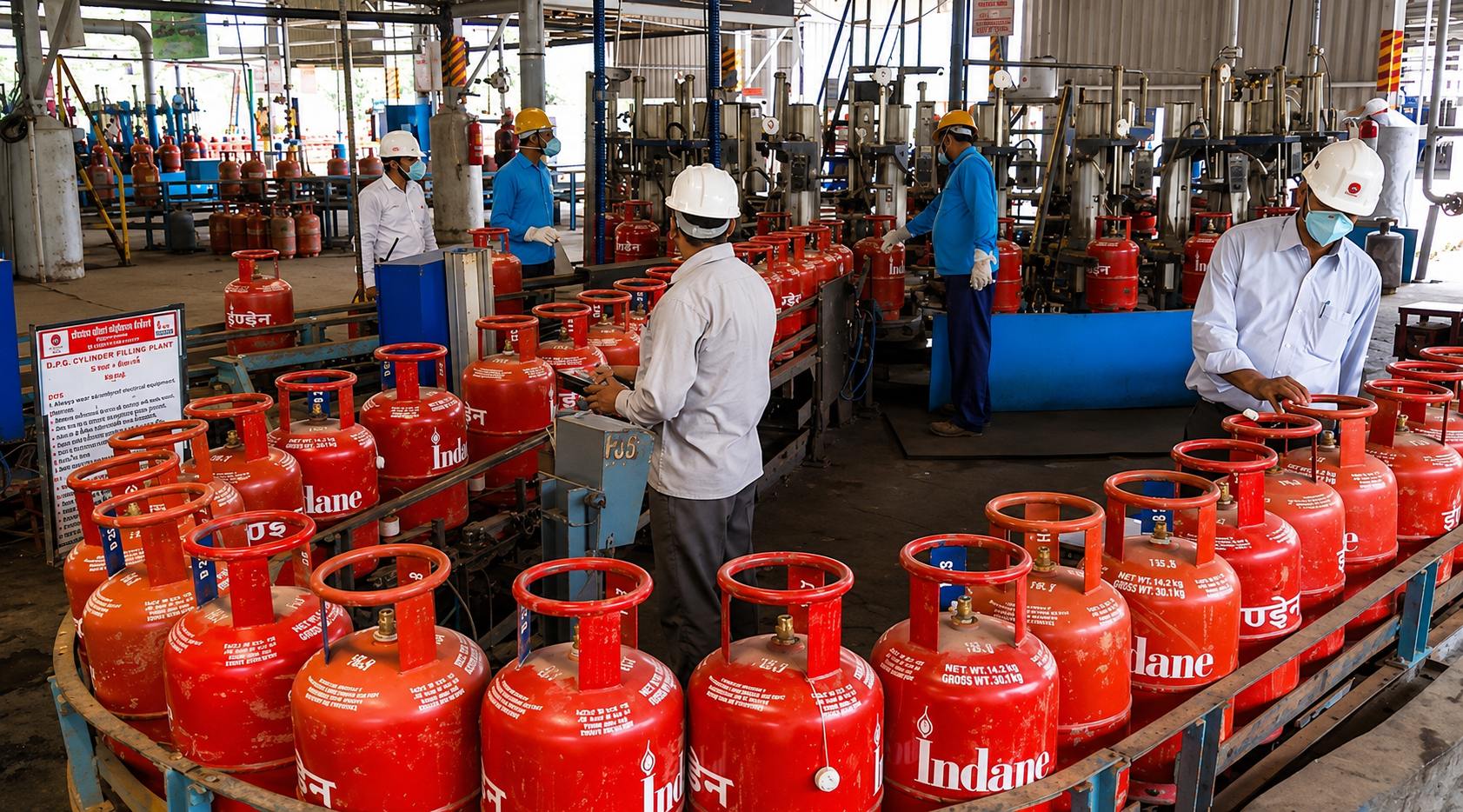 Trained Personnel Follow Strict Safety Protocols While Inspecting, Filling, and Handling LPG Cylinders on the Production Line at This Bottling Plant