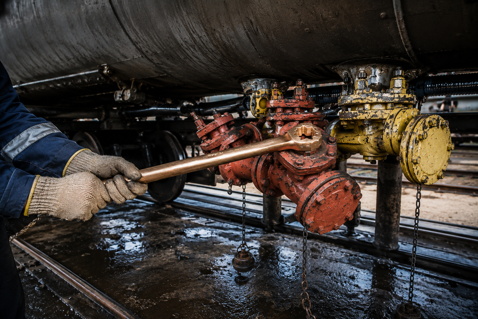 Non-Sparking Wrench Ensures Safe Valve Maintenance on Oil and Gas Rail Tanker Cars in Yards