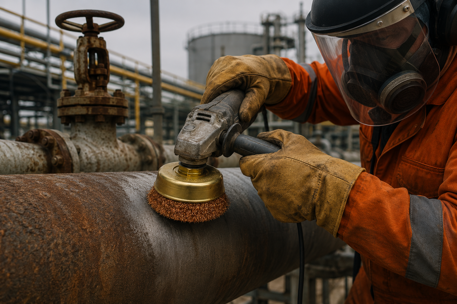 Maintenance Workers Use Non-Sparking Brushes to Safely Clean and Prevent Corrosion on Oil and Gas Pipelines, Reducing Ignition Risk in Hazardous Zones