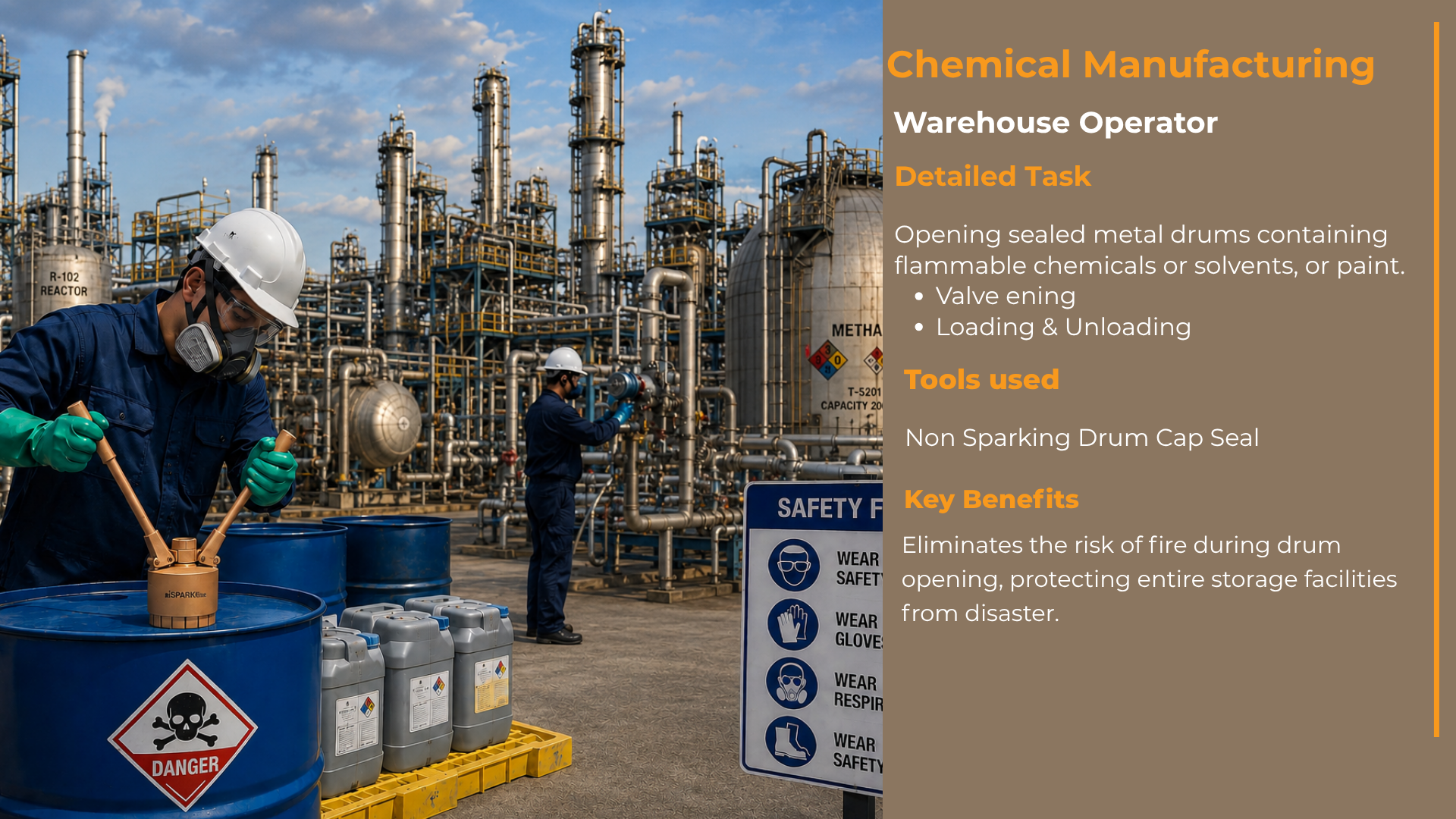 Opening sealed metal drums containing flammable chemicals or solvents, or paint
